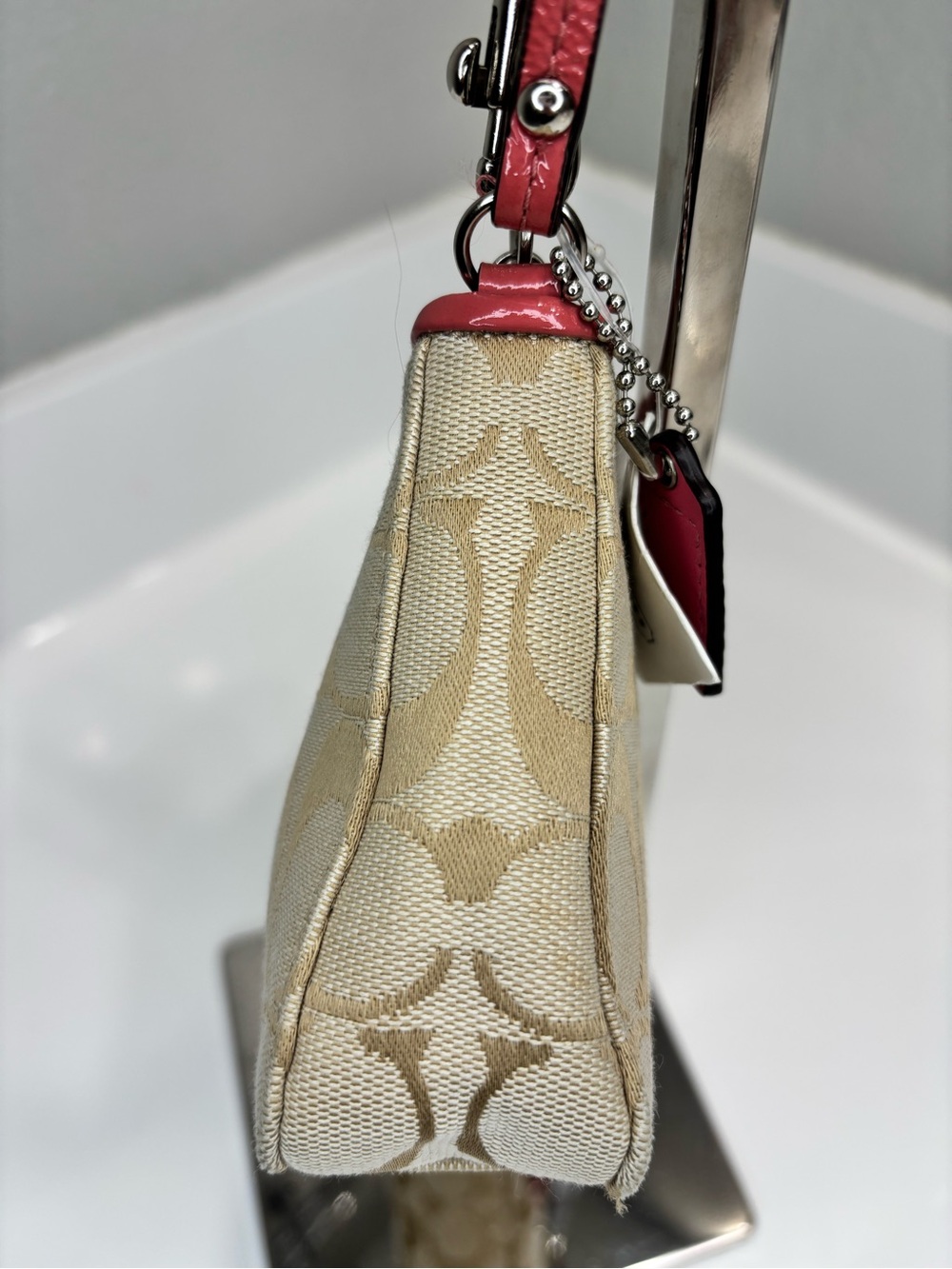 Coach Beige Signature Canvas Wristlet with Suede Pink Floral Appliques - Picture 5 of 11